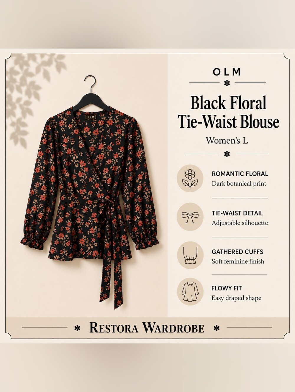 OLM Black Floral Long Sleeve Tie Waist Blouse L Romantic Whimsy Goth